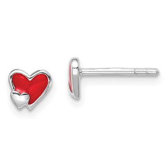 QE14334 Sterling Silver Rhodium-plated Polished Red Enameled Double Heart Children's Post Earrings