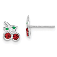 QE14337 Sterling Silver Rhodium-plated Polished Red & Green Crystal Cherries Children's Post Earrings