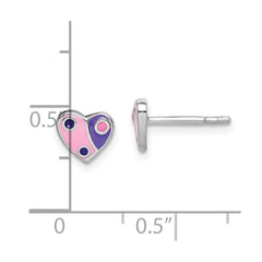 QE14338 Sterling Silver Rhodium-plated Polished Pink & Purple Enameled Heart Children's Post Earrings