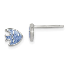 QE14346 Sterling Silver Rhodium-plated Polished Blue Enameled Fish Childs Post Earrings