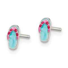 QE14348 Sterling Silver Polished Teal & Pink Enameled Flip Flop Children's Post Earrings