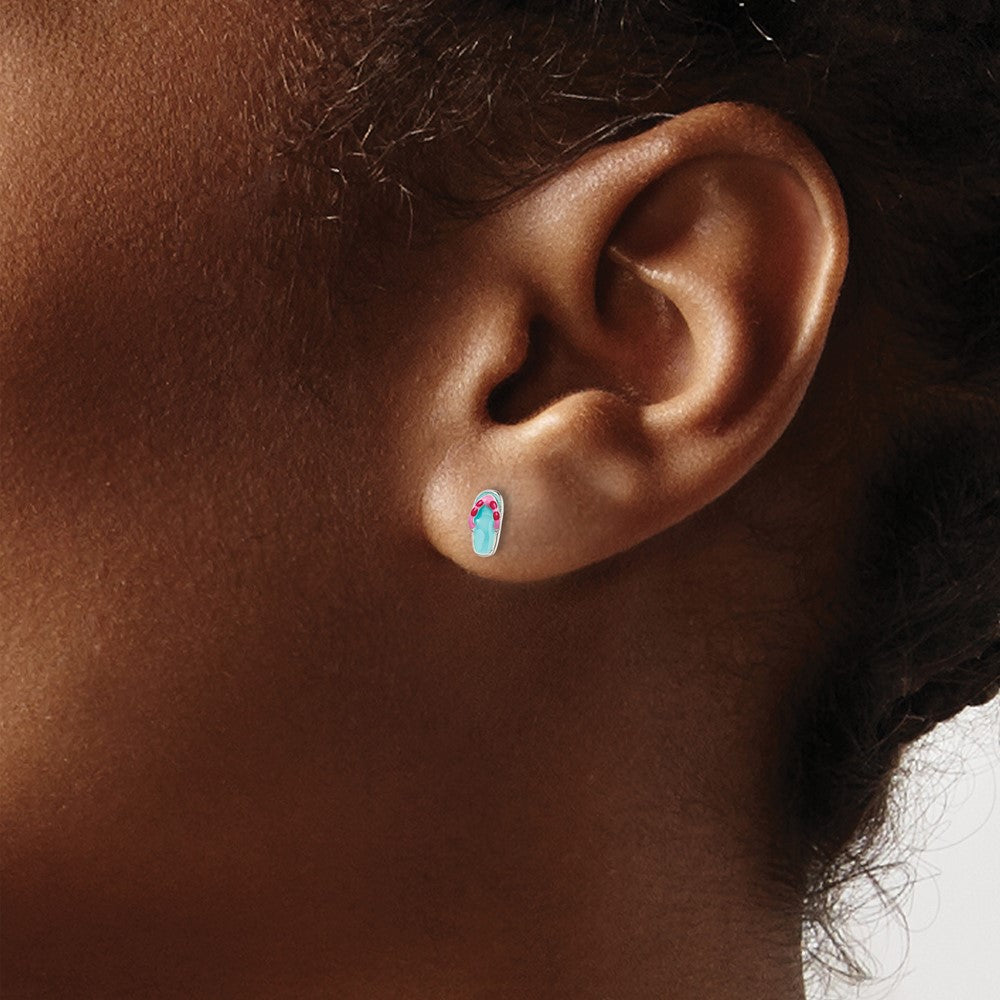 QE14348 Sterling Silver Polished Teal & Pink Enameled Flip Flop Children's Post Earrings