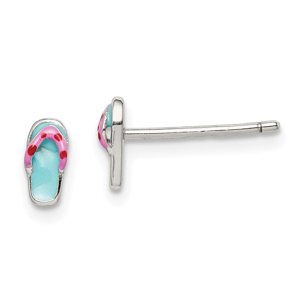 QE14348 Sterling Silver Polished Teal & Pink Enameled Flip Flop Children's Post Earrings
