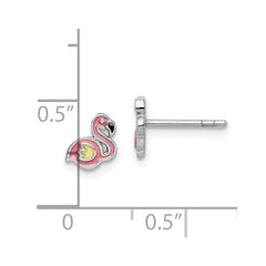 QE14350 Sterling Silver Rhodium-plated Polished & Multi-color Enameled Flamingo Children's Post Earrings