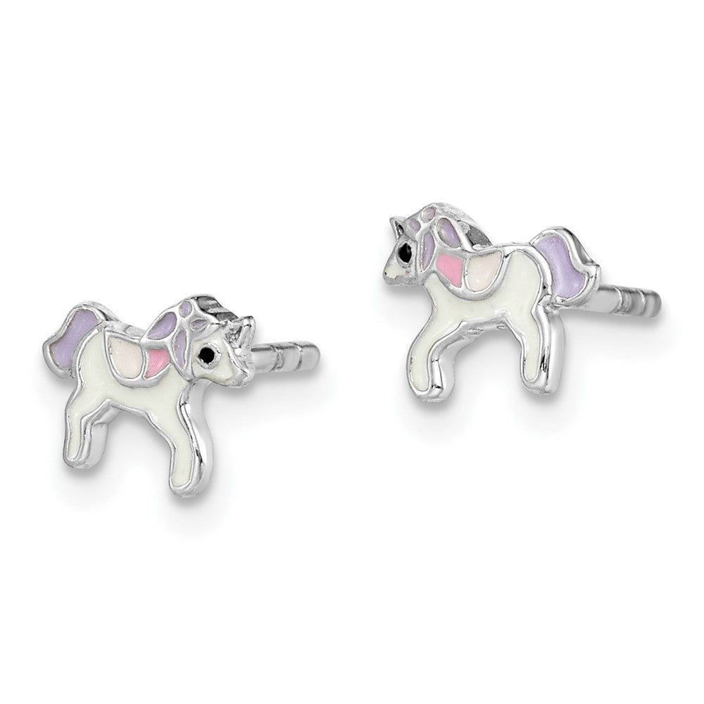 QE14356 Sterling Silver Rhodium-plated Polished Multi-color Enameled Unicorn Children's Post Earrings