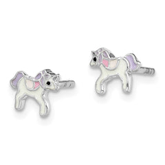 QE14356 Sterling Silver Rhodium-plated Polished Multi-color Enameled Unicorn Children's Post Earrings