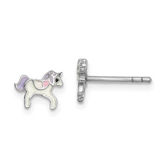 QE14356 Sterling Silver Rhodium-plated Polished Multi-color Enameled Unicorn Children's Post Earrings