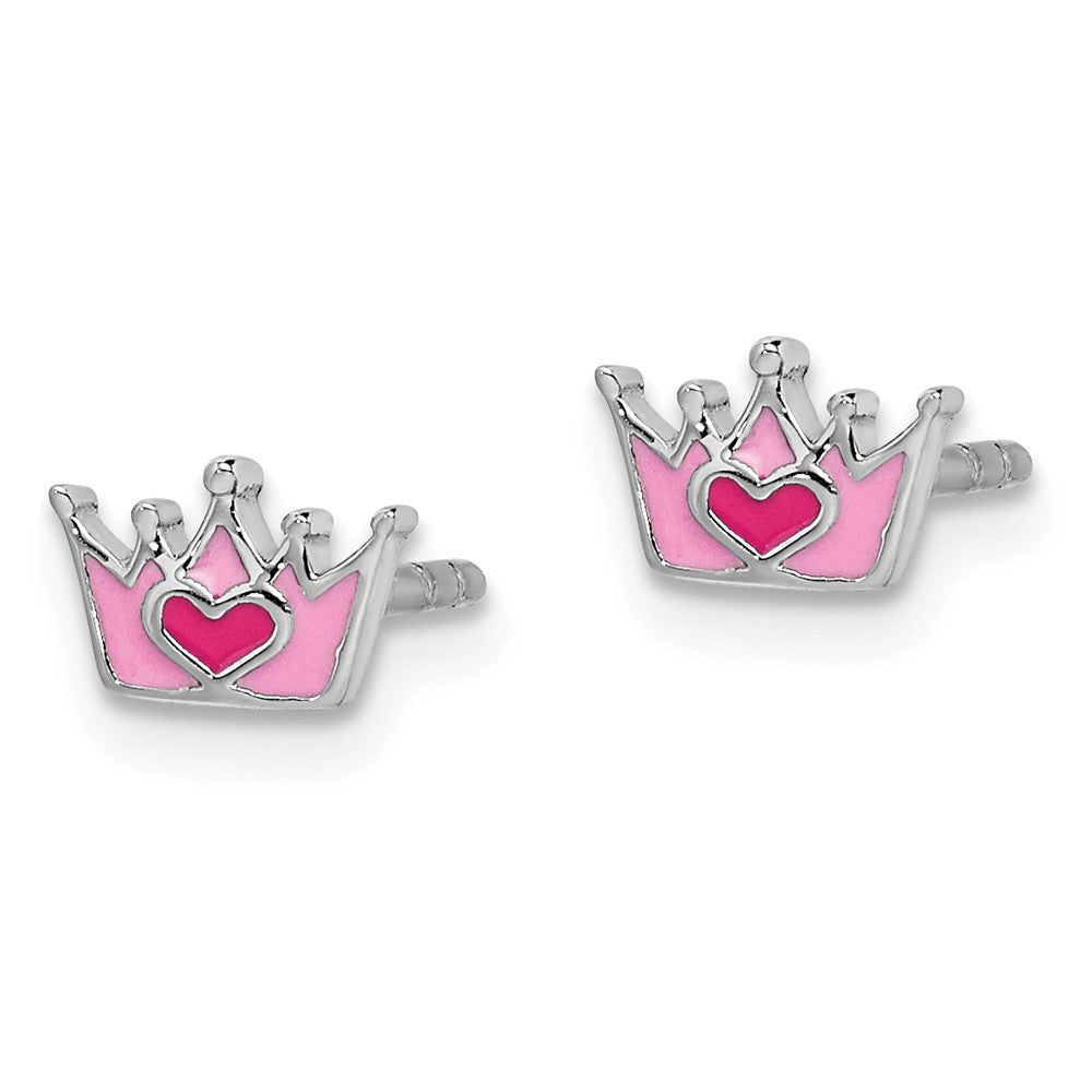 QE14357 Sterling Silver Rhodium-plated Polished & Pink Enameled Heart Crown Children's Post Earrings