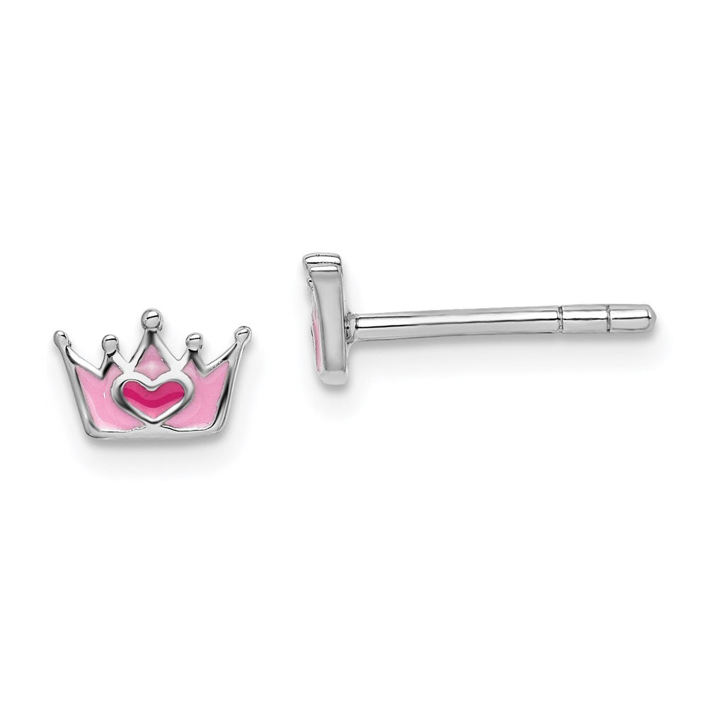 QE14357 Sterling Silver Rhodium-plated Polished & Pink Enameled Heart Crown Children's Post Earrings
