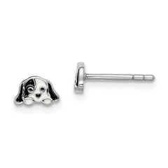 QE14361 Sterling Silver Rhodium-plated Polished Black & White Enameled Puppy Children's Post Earrings