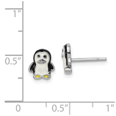 QE14362 Sterling Silver Rhodium-plated Polished Multi-color Enameled Penguin Children's Post Earrings