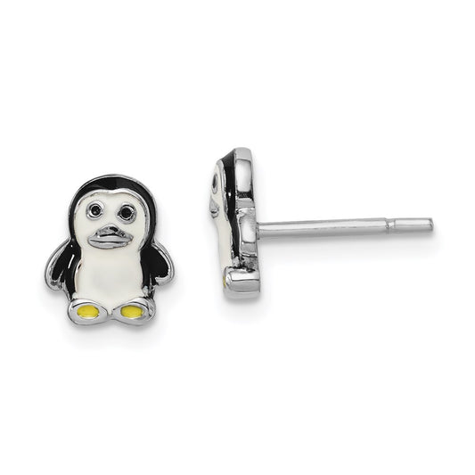 QE14362 Sterling Silver Rhodium-plated Polished Multi-color Enameled Penguin Children's Post Earrings