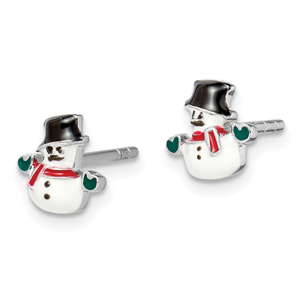 QE14363 Sterling Silver Rhodium-plated Polished Multi-color Enameled Snowman Children's Post Earrings