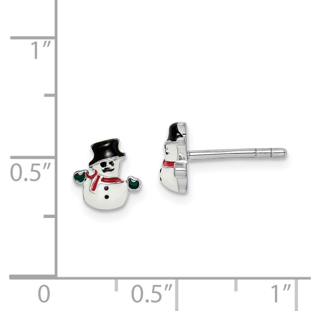 QE14363 Sterling Silver Rhodium-plated Polished Multi-color Enameled Snowman Children's Post Earrings