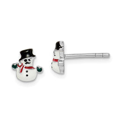 QE14363 Sterling Silver Rhodium-plated Polished Multi-color Enameled Snowman Children's Post Earrings