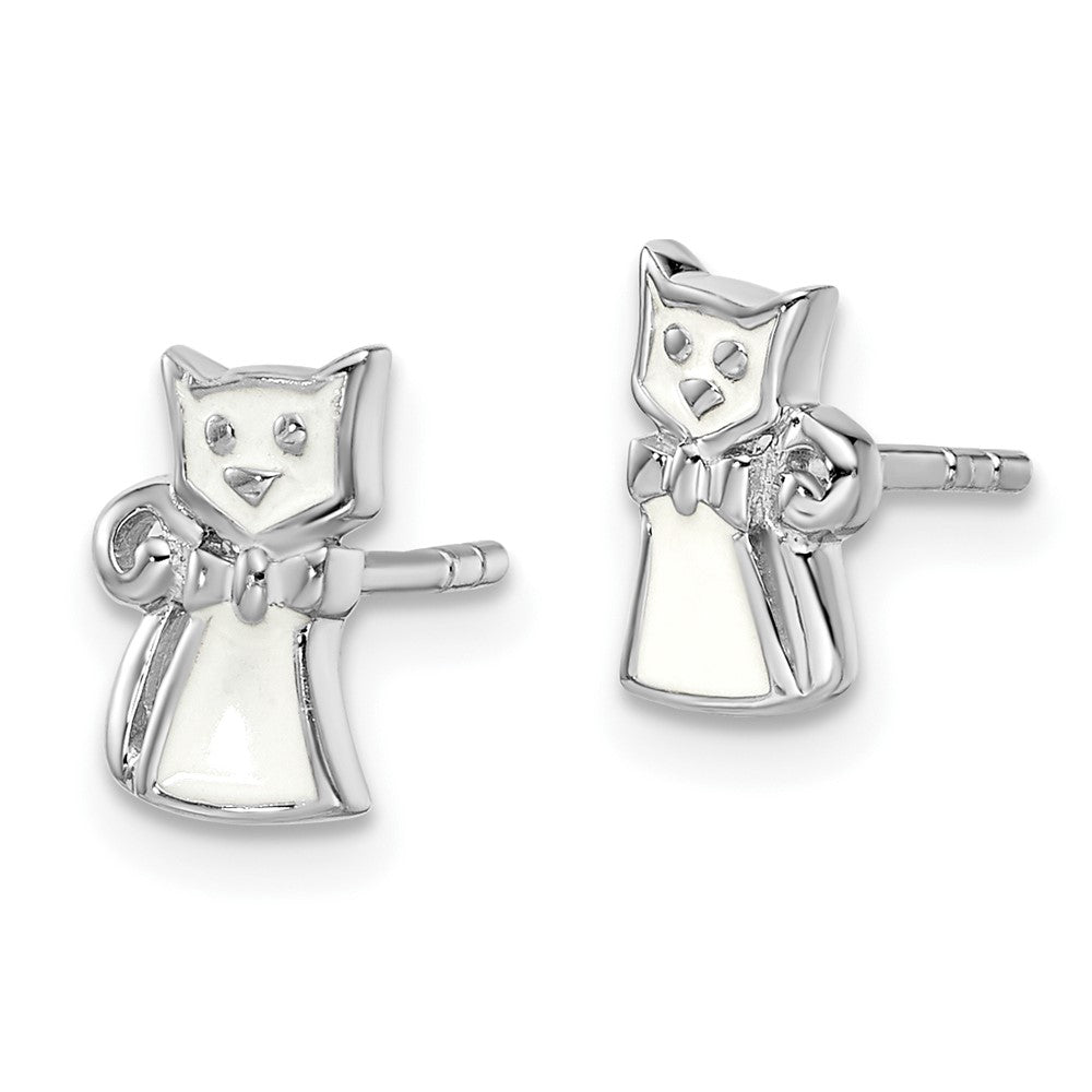 QE14364 Sterling Silver Rhodium-plated Polished White Enameled Cat Children's Post Earrings