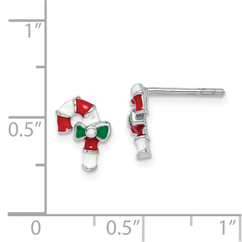 QE14365 Sterling Silver Rhodium-plated Polished Multi-color Enameled Candy Cane Children's Post Earrings