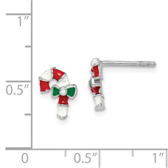 QE14365 Sterling Silver Rhodium-plated Polished Multi-color Enameled Candy Cane Children's Post Earrings