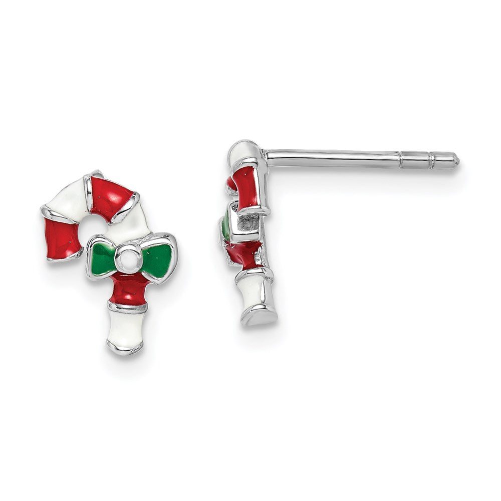 QE14365 Sterling Silver Rhodium-plated Polished Multi-color Enameled Candy Cane Children's Post Earrings