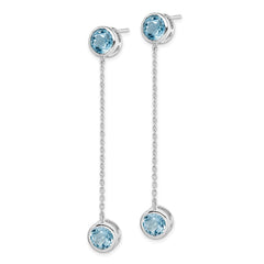 QE14372 Sterling Silver Rhodium-plated Blue Topaz Chain Post Dangle Earrings