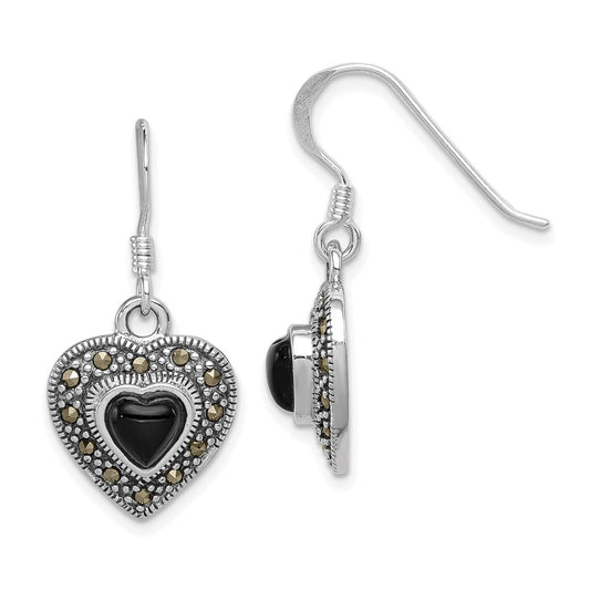 QE1437 Sterling Silver RH-plated Antiqued Onyx & Marcasite Heart Dangle Earrings
