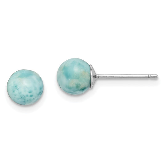 QE14444 Sterling Silver Rhodium-plated Polished 6mm Round Larimar Post Earrings