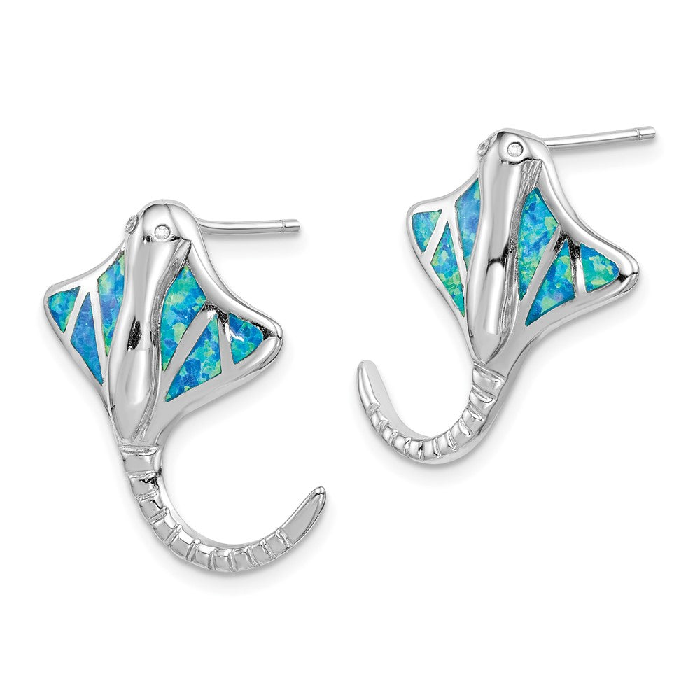 QE14445 Sterling Silver Rhodium-plated Created Blue Opal Stingray Post Earrings