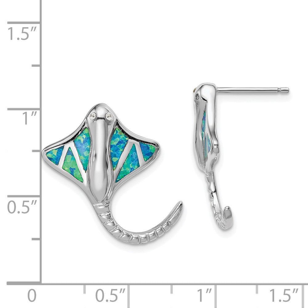 QE14445 Sterling Silver Rhodium-plated Created Blue Opal Stingray Post Earrings