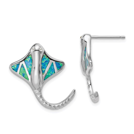 QE14445 Sterling Silver Rhodium-plated Created Blue Opal Stingray Post Earrings