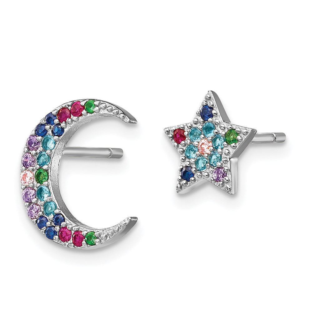 QE14449 Prizma Sterling Silver Rhodium-plated Moon and Star Colorful CZ Post Earrings