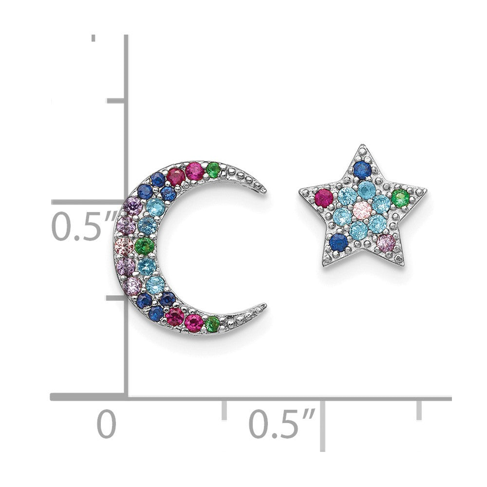 QE14449 Prizma Sterling Silver Rhodium-plated Moon and Star Colorful CZ Post Earrings