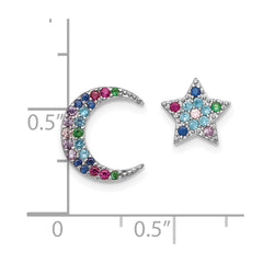 QE14449 Prizma Sterling Silver Rhodium-plated Moon and Star Colorful CZ Post Earrings