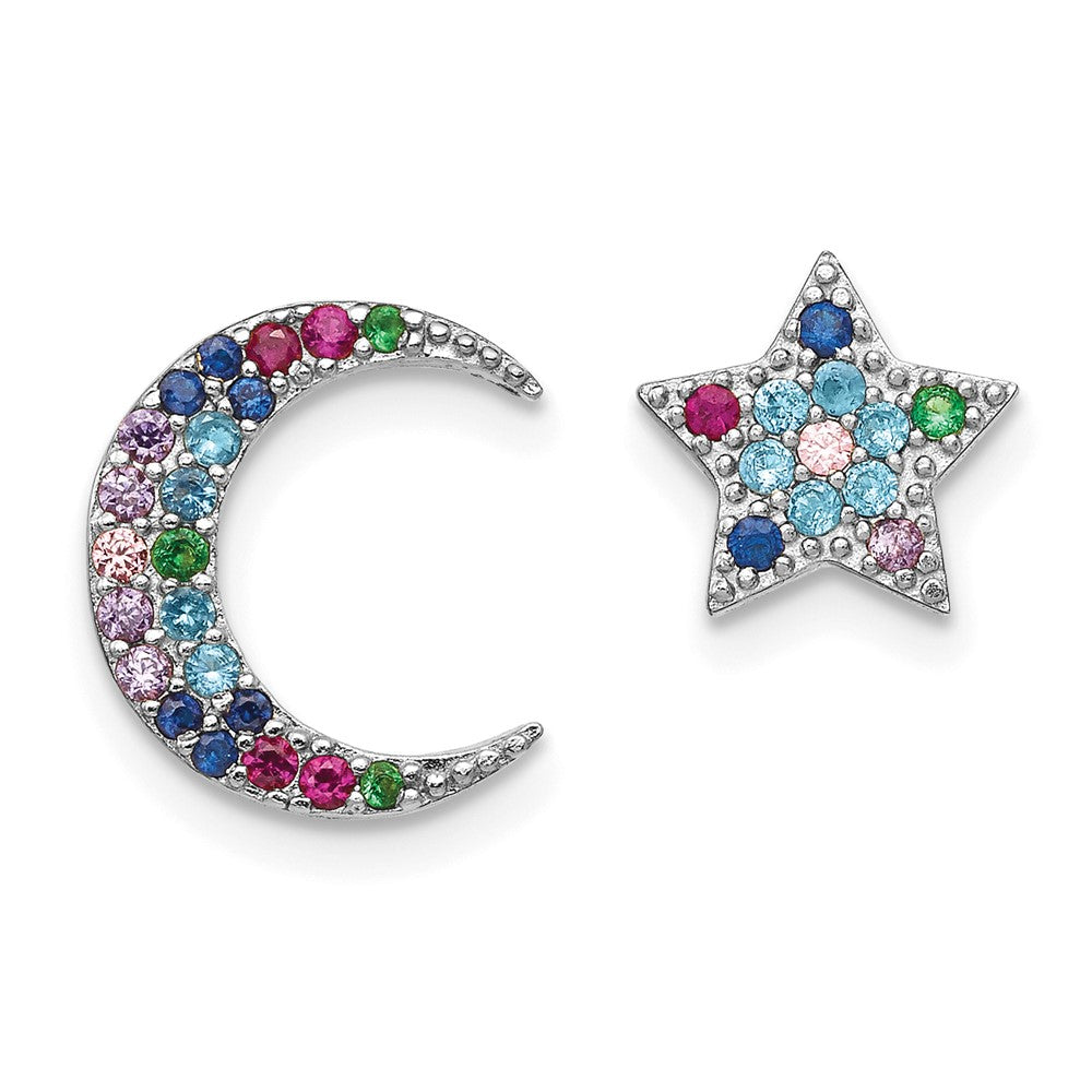 QE14449 Prizma Sterling Silver Rhodium-plated Moon and Star Colorful CZ Post Earrings