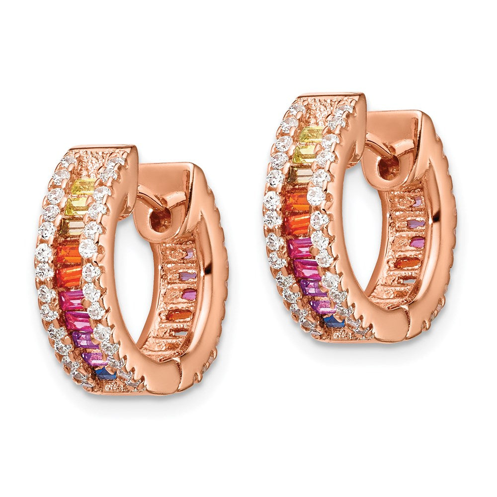 QE14451RP Prizma Sterling Silver Rose-tone 14K Flash Rose Gold-plated White and Colorful Baguette CZ Hinged Hoop Earrings