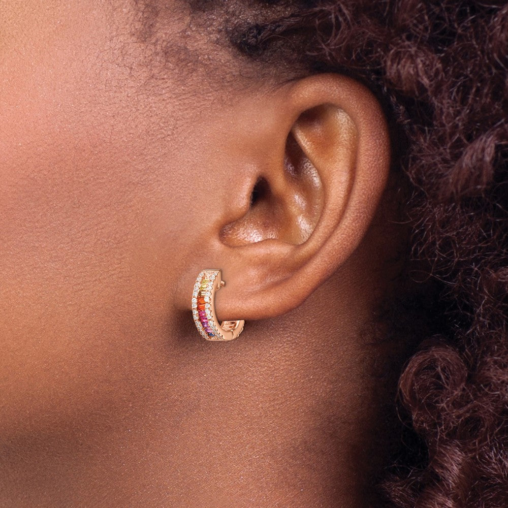 QE14451RP Prizma Sterling Silver Rose-tone 14K Flash Rose Gold-plated White and Colorful Baguette CZ Hinged Hoop Earrings