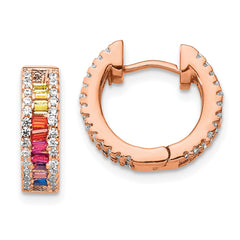 QE14451RP Prizma Sterling Silver Rose-tone 14K Flash Rose Gold-plated White and Colorful Baguette CZ Hinged Hoop Earrings