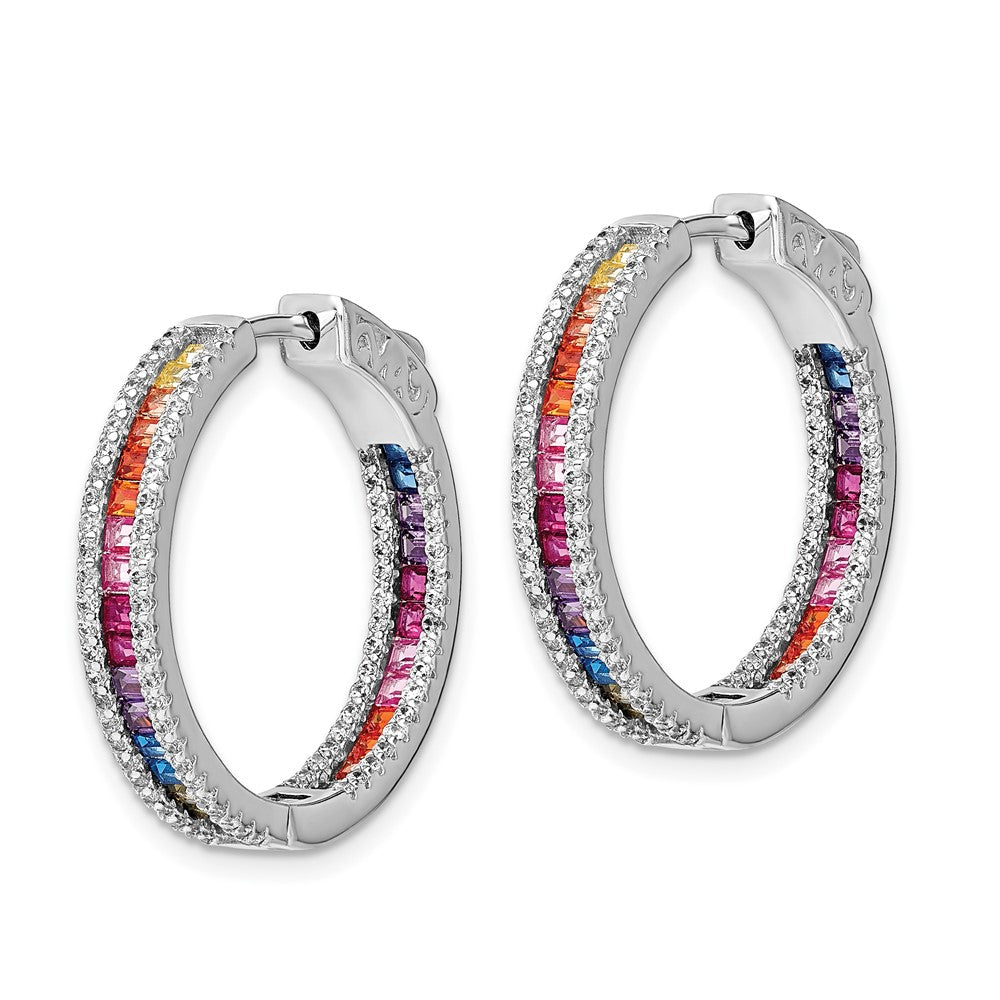 QE14463 Prizma Sterling Silver Rhodium-plated White and Colorful CZ In and Out Hinged Hoop Earrings