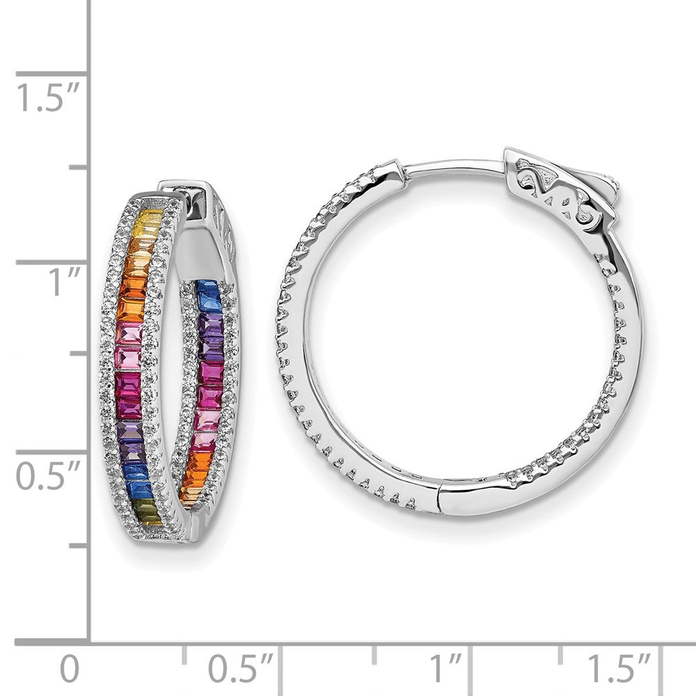QE14463 Prizma Sterling Silver Rhodium-plated White and Colorful CZ In and Out Hinged Hoop Earrings