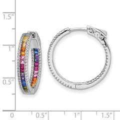 QE14463 Prizma Sterling Silver Rhodium-plated White and Colorful CZ In and Out Hinged Hoop Earrings