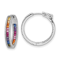 QE14463 Prizma Sterling Silver Rhodium-plated White and Colorful CZ In and Out Hinged Hoop Earrings