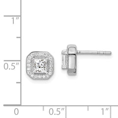 QE14470APR Sterling Silver Rhodium Plated Square Clear Center and Clear CZ Post Earrings