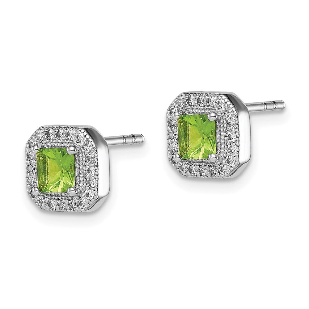 QE14470AUG Sterling Silver Rhodium Plated Square Green and Clear CZ Post Earrings