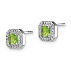 QE14470AUG Sterling Silver Rhodium Plated Square Green and Clear CZ Post Earrings