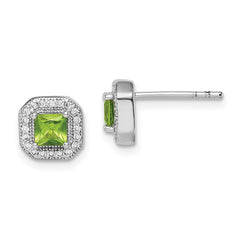 QE14470AUG Sterling Silver Rhodium Plated Square Green and Clear CZ Post Earrings