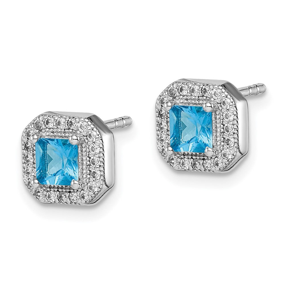 QE14470DEC Sterling Silver Rhodium Plated Square Blue and Clear CZ Post Earrings