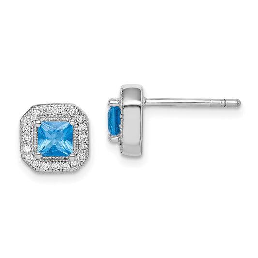 QE14470DEC Sterling Silver Rhodium Plated Square Blue and Clear CZ Post Earrings