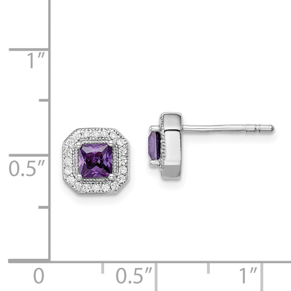 QE14470FEB Sterling Silver Rhodium Plated Square Purple CZ and Clear CZ Post Earrings