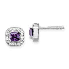 QE14470FEB Sterling Silver Rhodium Plated Square Purple CZ and Clear CZ Post Earrings