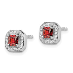 QE14470JAN Sterling Silver Rhodium Plated Square Red CZ and Clear CZ Post Earrings