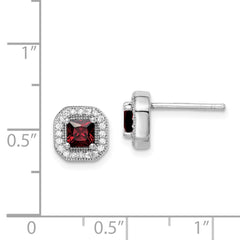 QE14470JAN Sterling Silver Rhodium Plated Square Red CZ and Clear CZ Post Earrings